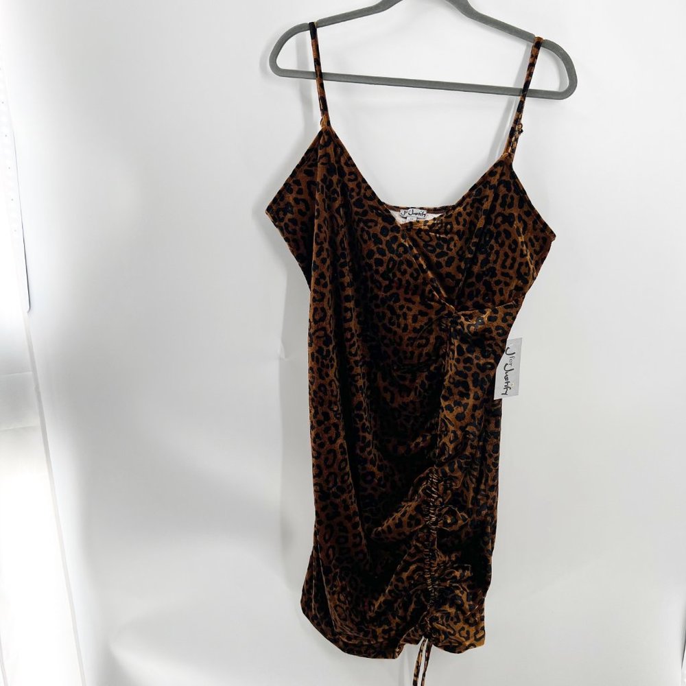 J For Justify Surplice Ruched Tie Leopard Velvet Bodycon V neck Strap Dress 2X